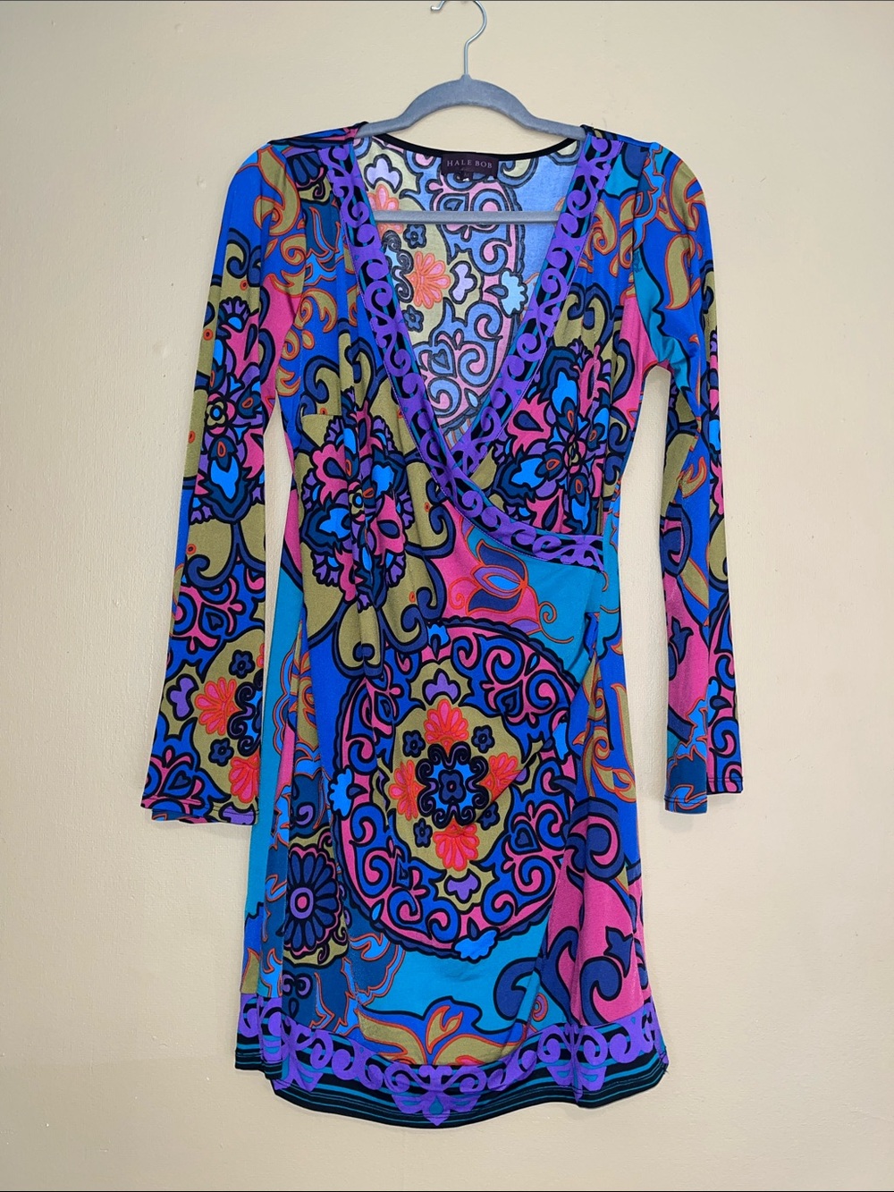 Hale Bob Blue and Pink Paisley V-Neck Long Sleeve Dress